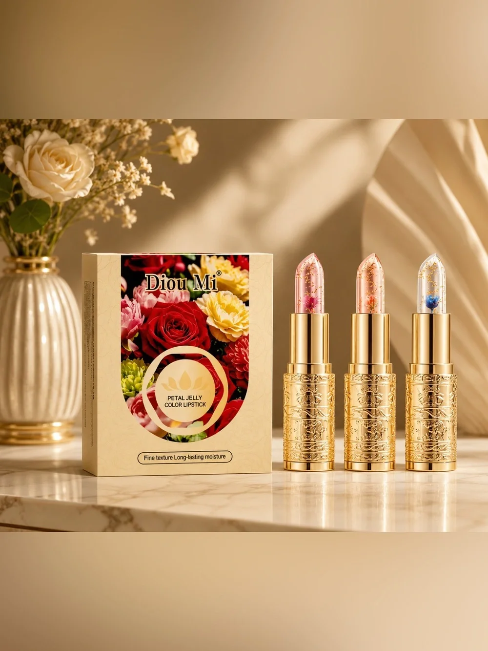 Gold Floral Jelly Lipstick Trio — Pink, Peach, Clear